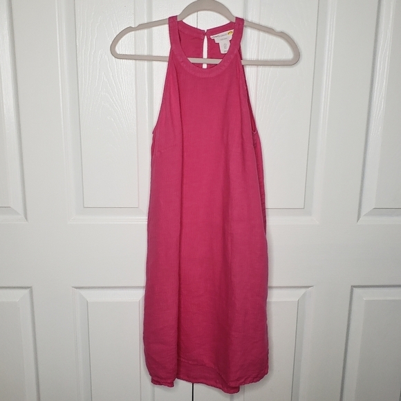 C & C California Linen Dress S A Line Key Hole Lagenlook Minimalist Contemporary - Picture 2 of 11